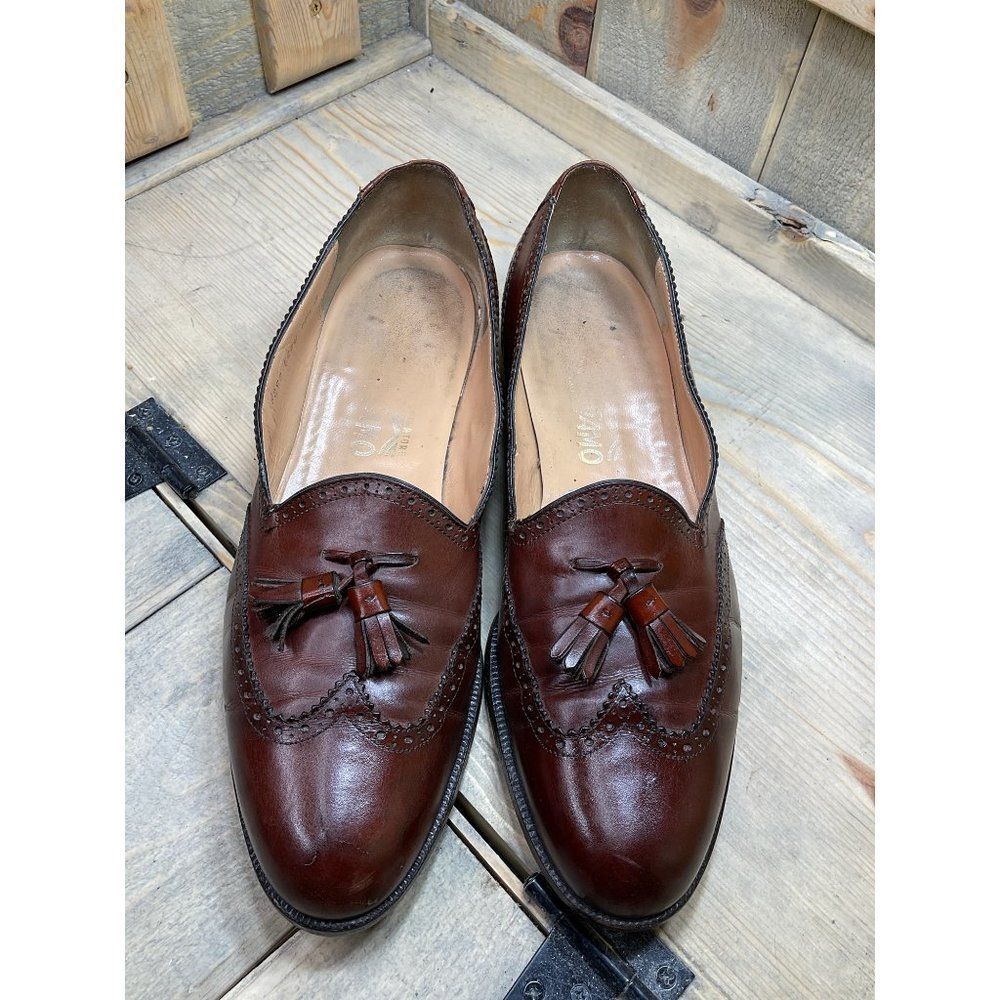 SALVATORE Ferragamo Slip On Kiltie Tassels Shoes Men’s 10.5 B Brown Italy - Picture 3 of 11